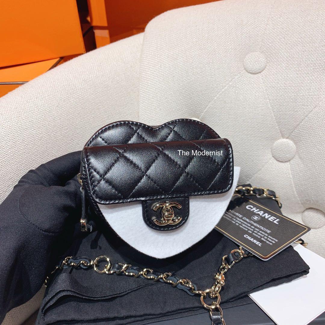 Authentic Chanel Heart Shape Bag Black Lambskin Removable Chain Belt