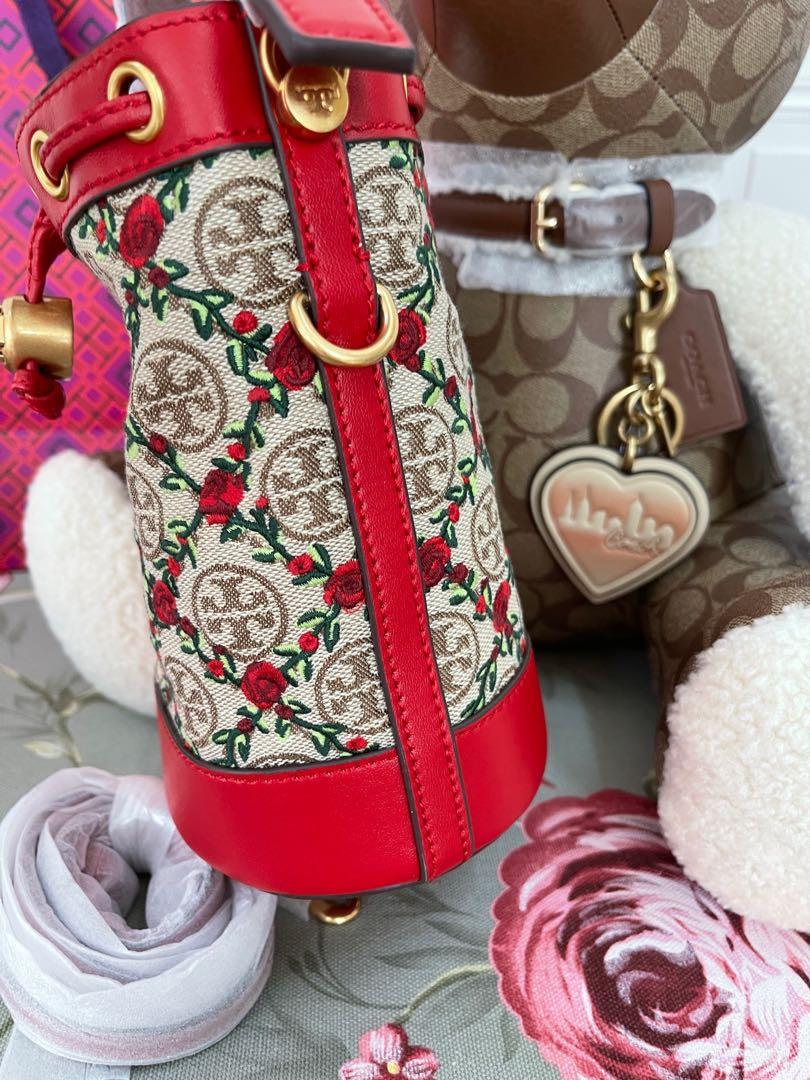 Tory Burch Red Embroidered Rose T Monogram Jacquard MINI Bucket Bag NWT  87062
