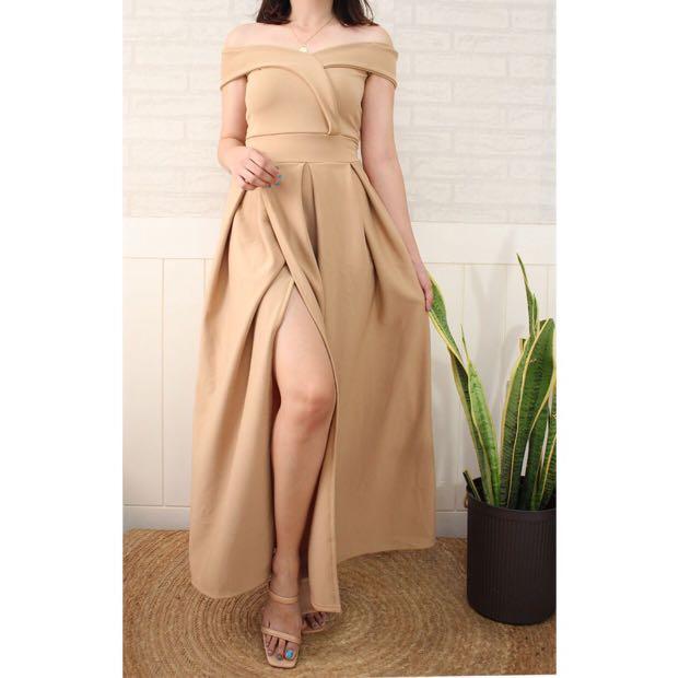 BEIGE LONG DRESS FORMAL DRESS BRIDESMAID GOWN S M