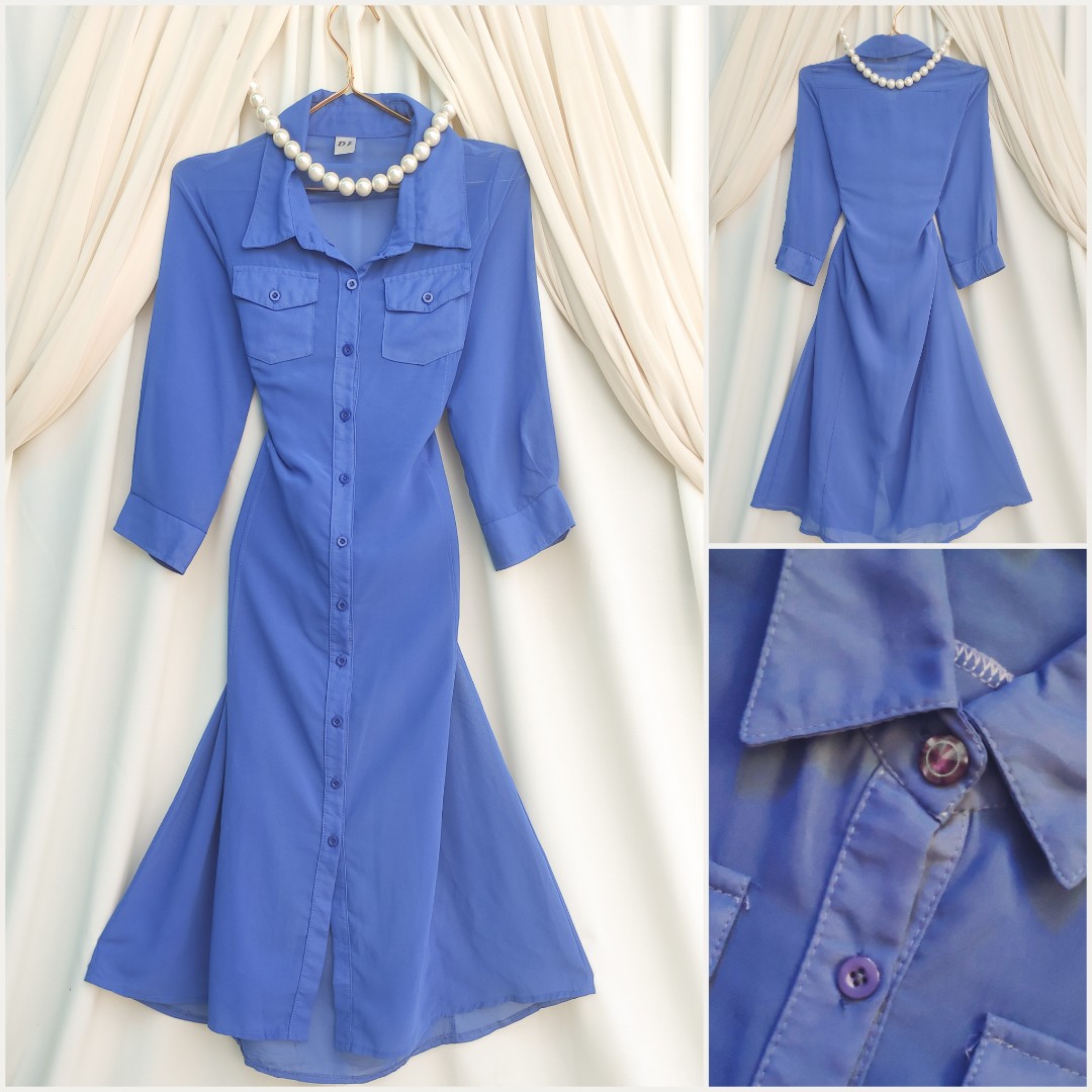 Blue Button Down Maxi Dress, Women's Fashion, Dresses & Sets, Dresses