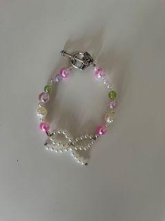 cottagecore fairycore coquette dollette pearl ribbon beaded bracelet