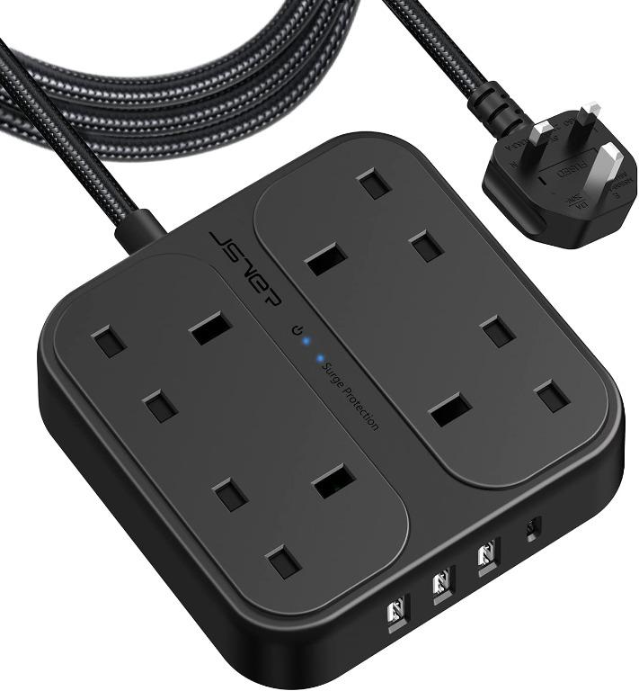 13A Power Strip 4 Way Outlets 4 USB 5V 3.4A PIBEEX Extension Lead with USB 