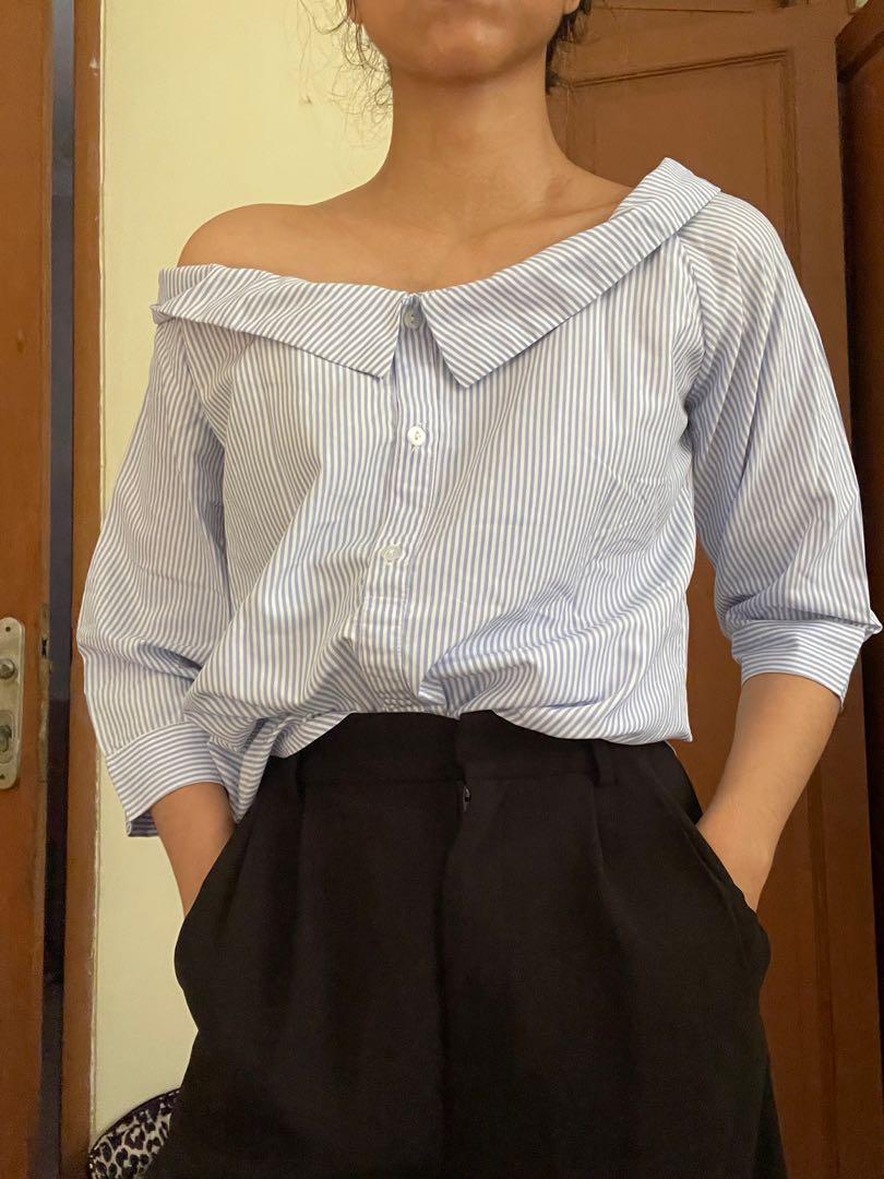 Atasan Wanita Elastic Shoulder Top Korean Bare Shoulder Tops