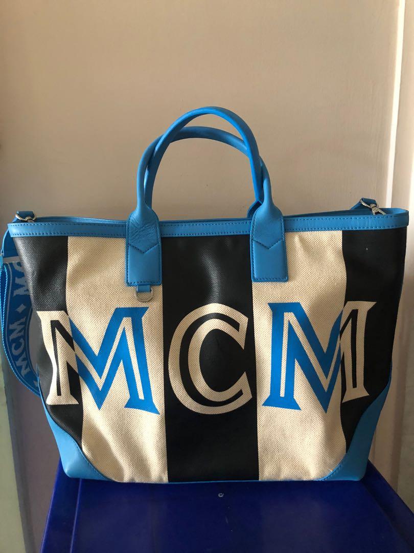 MCM Canvas Stripe Ilse Large Shopper Tote Blue Cobalt 1136475