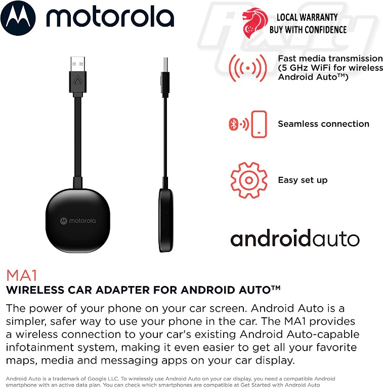 Motorola MA1 Wireless Android Auto Car Adapter Instant Wifi