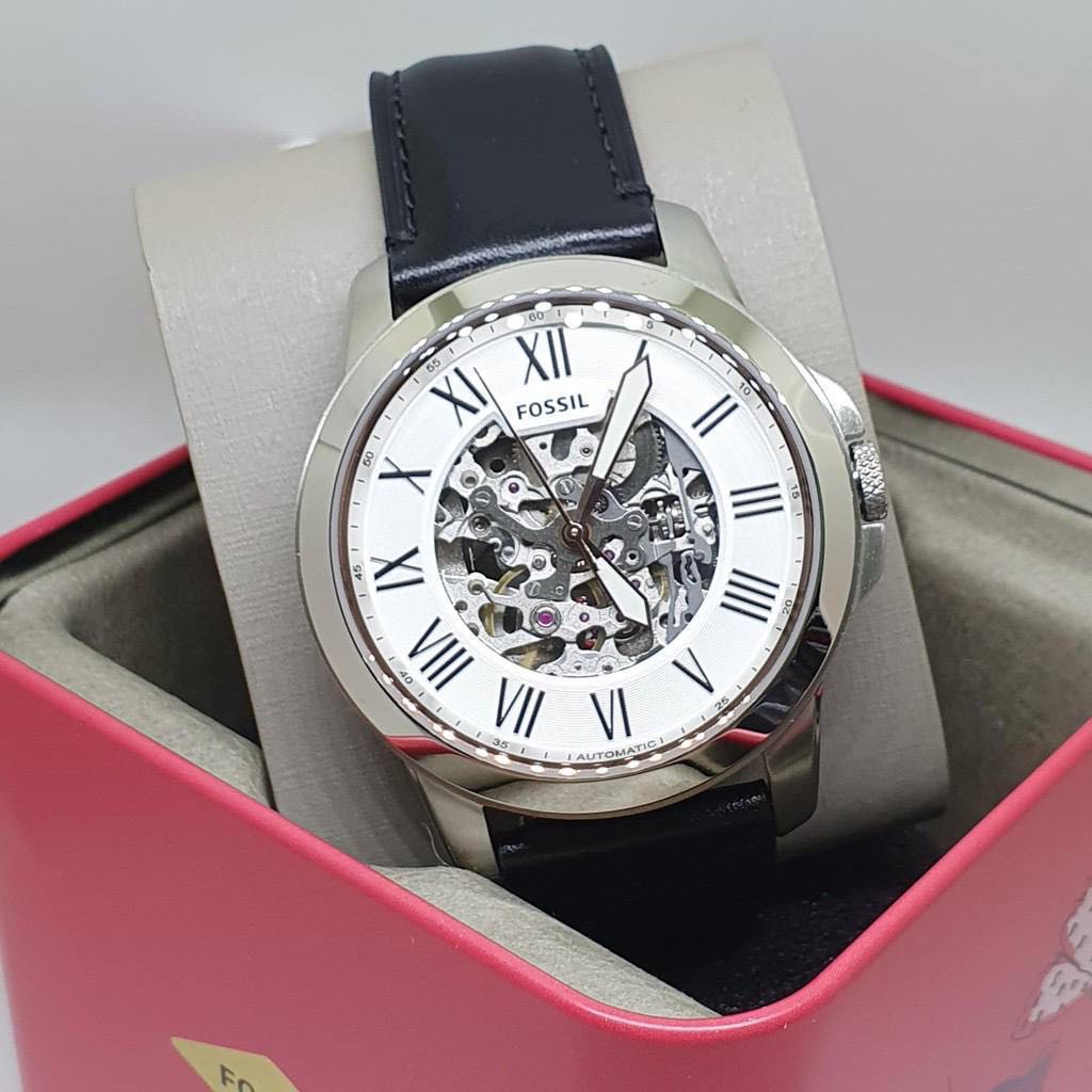 RESTOCK ORIGINAL FOSSIL GRANT AUTOMATIC WHITE DIAL BLACK LEATHER