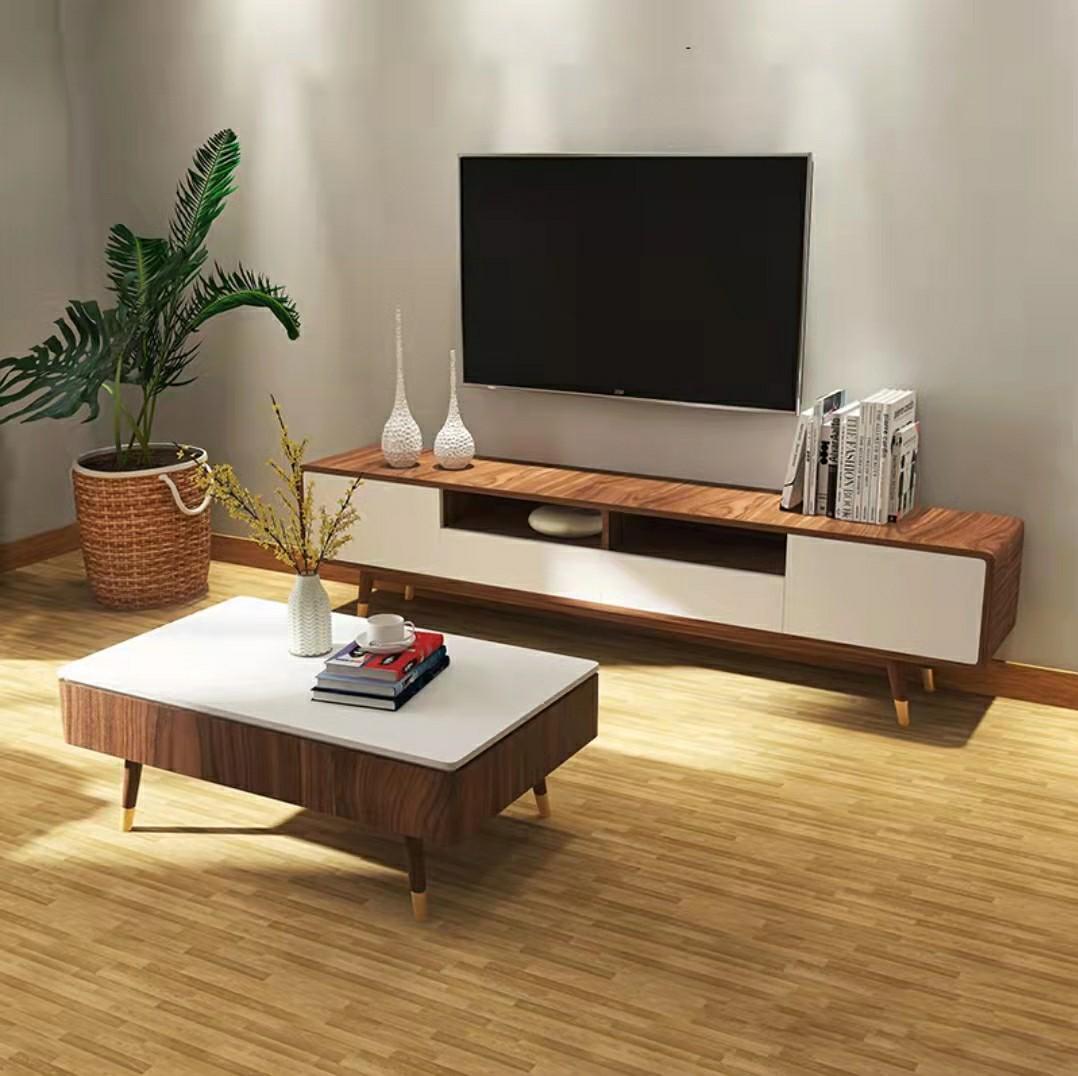 Solid wood, walnut color, Lifable Coffee Table&TV console set