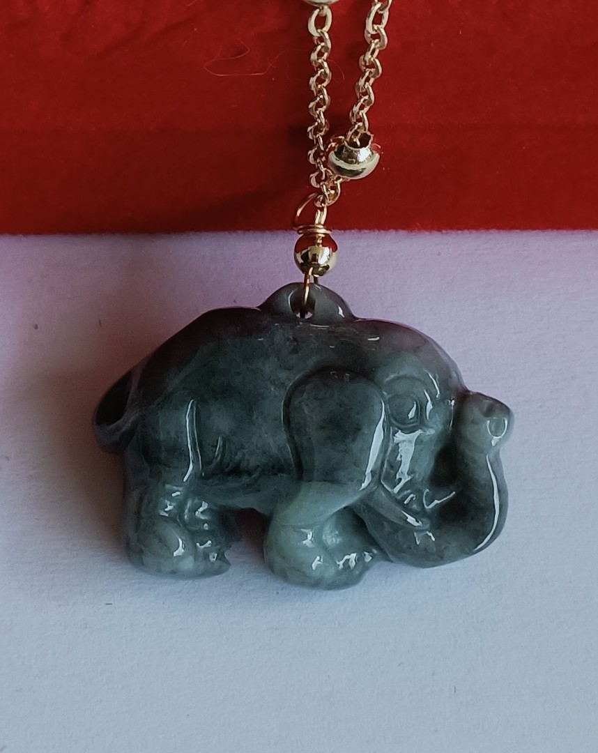 Adorable Type A Myanmar Black Jade Elephant Pendant with Free