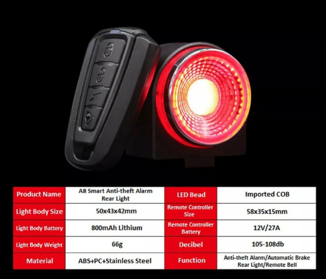 Antusi A8 Bicycle Burglar Alarm cum Smart Tail light with brake sensing