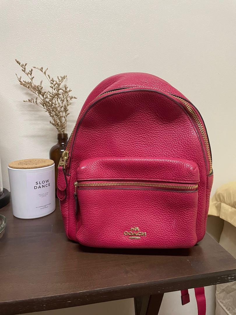 Coach Mini Charlie Backpack in Pebble Leather Bright Pink Red