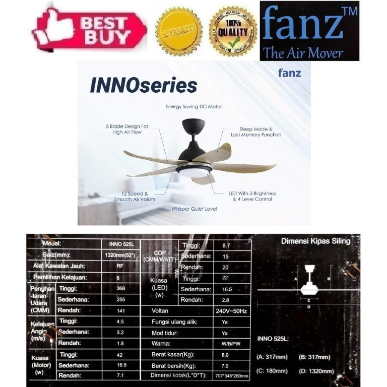[FANZ] 52" Remote Control Ceiling Fan (INNO 525L) (PINEWOOD) (DC Motor