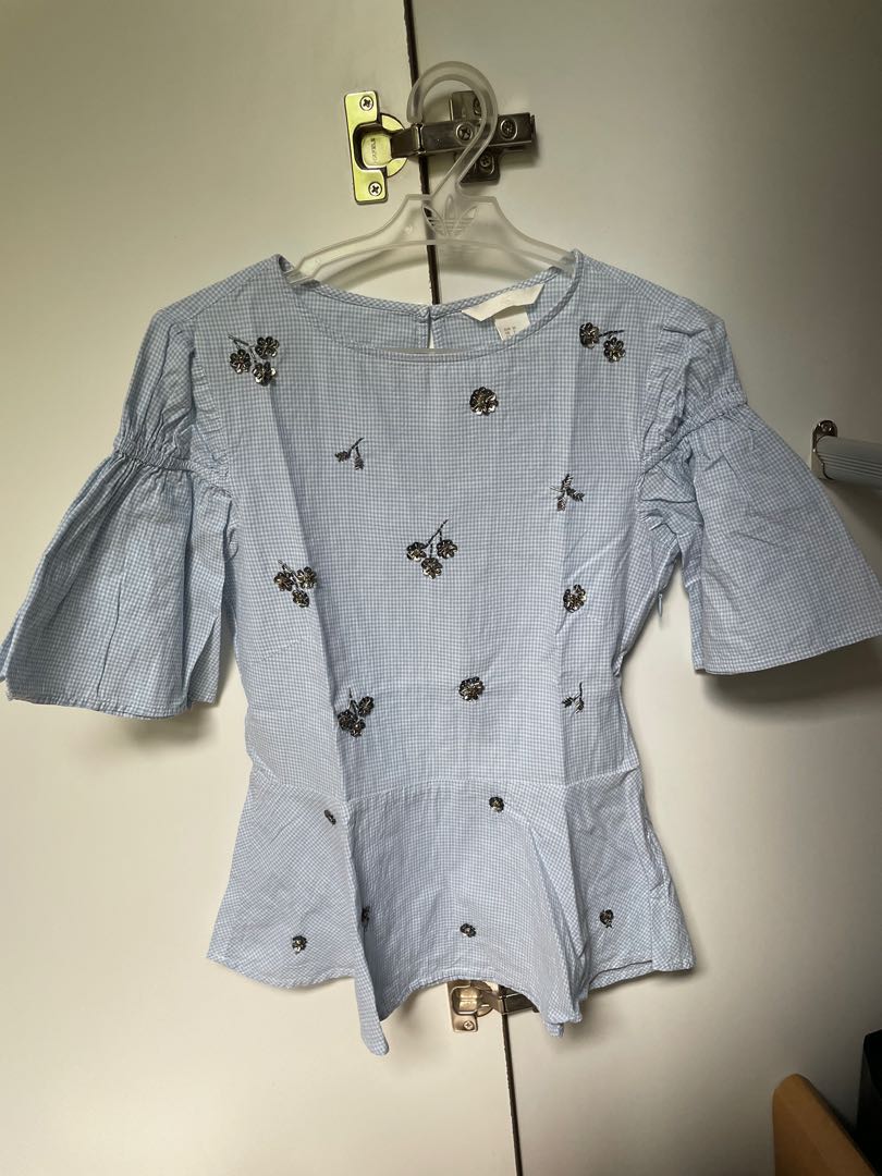 H&M Baby blue gingham peplum top, Women's Fashion, Tops, Blouses on