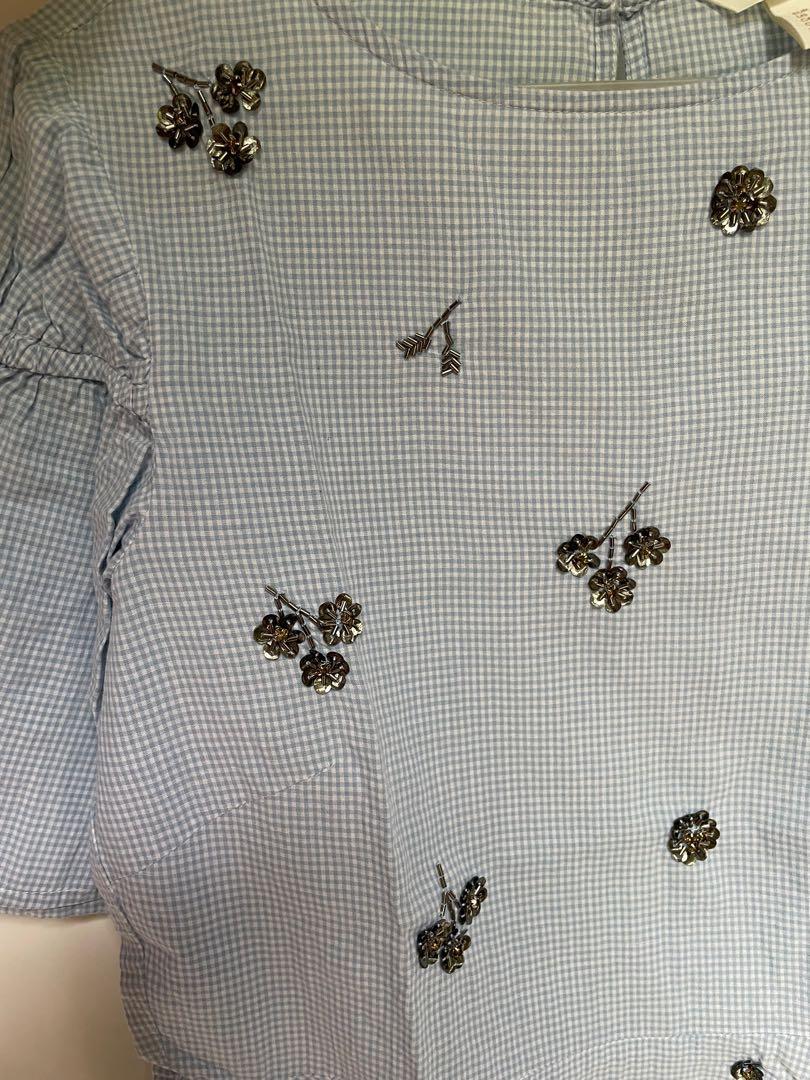 H&M Baby blue gingham peplum top, Women's Fashion, Tops, Blouses on