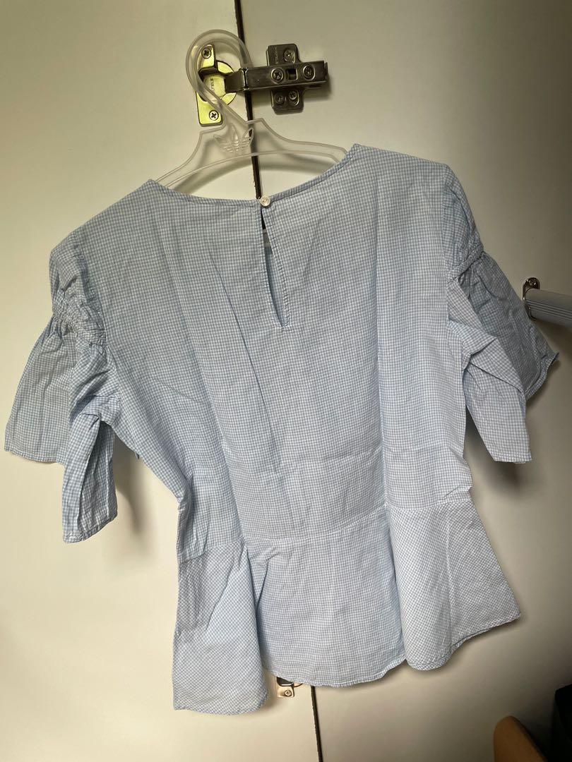 H&M Baby blue gingham peplum top, Women's Fashion, Tops, Blouses on