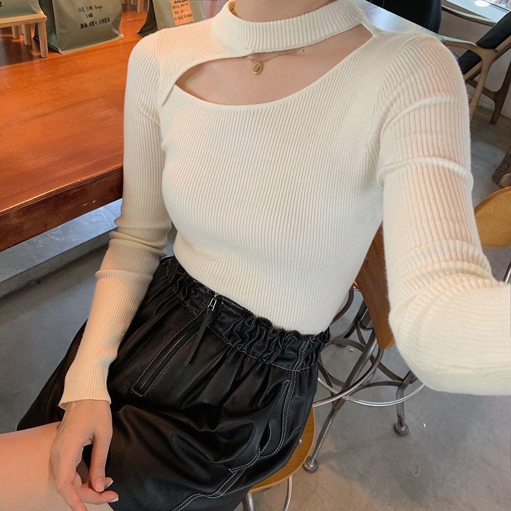 Open Chest Ribbed Long Sleeve Hollow Top in White, Women's Fashion ...
