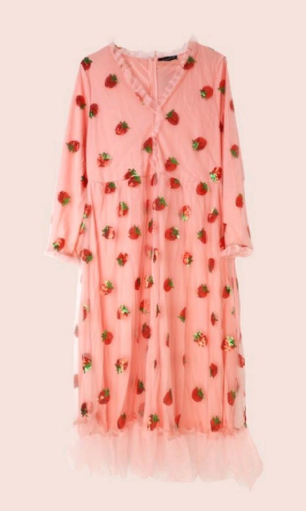 Strawberry Dress Sweet Mesh Sexy V Neck 