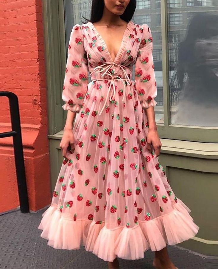 Strawberry Dress Sweet Mesh Sexy V Neck 