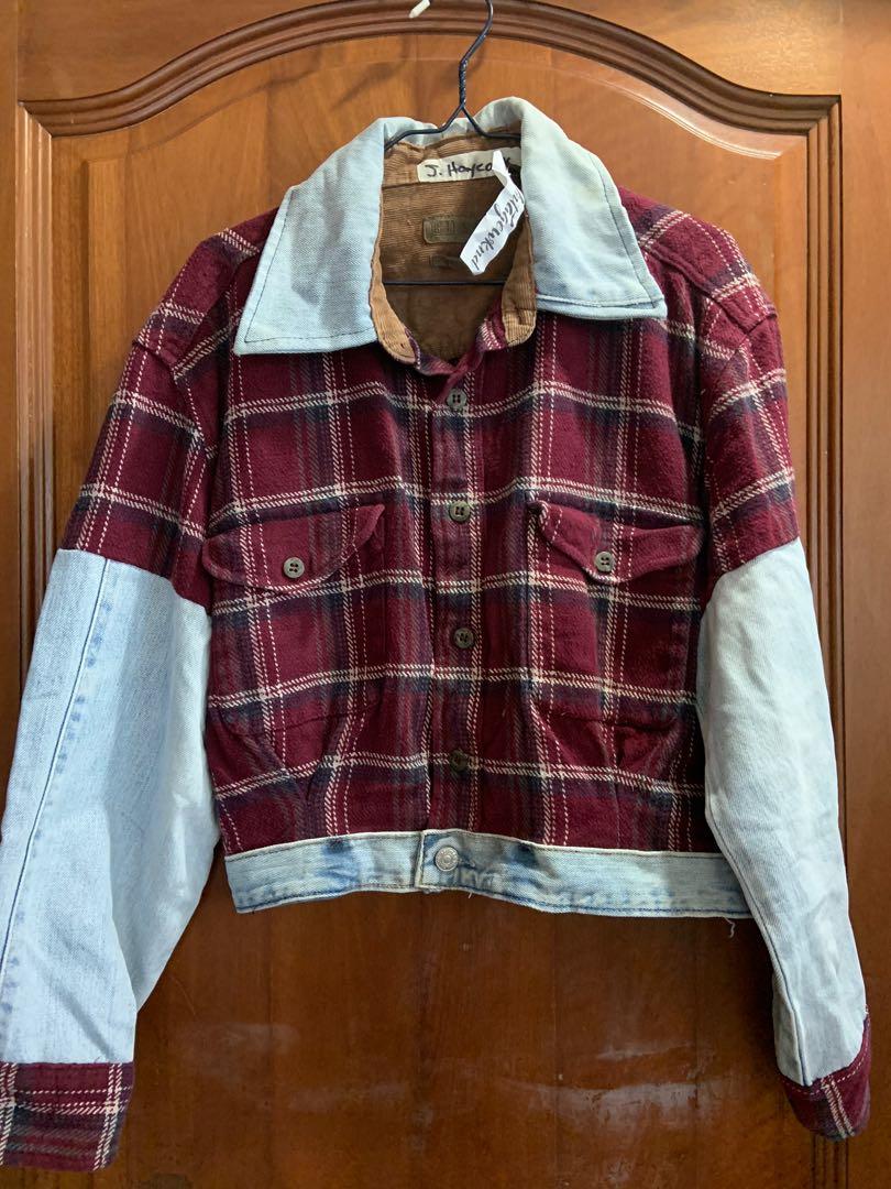 Red plaid denim jacket hot sale