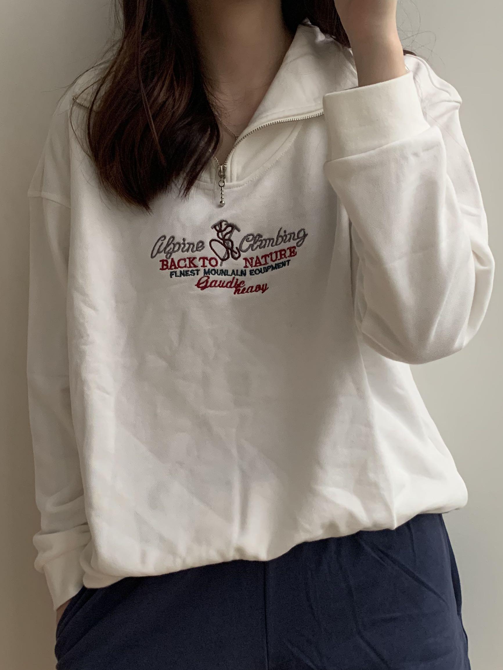 White Half Zip Embroidery Sweatshirt Women s Fashion Tops