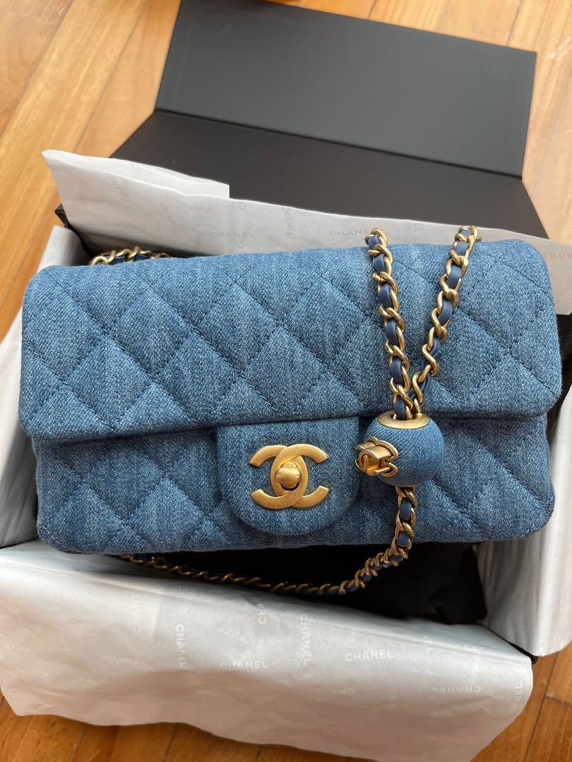 22C Chanel Denim Pearl Crush Rectangular Mini Flap, Luxury, Bags