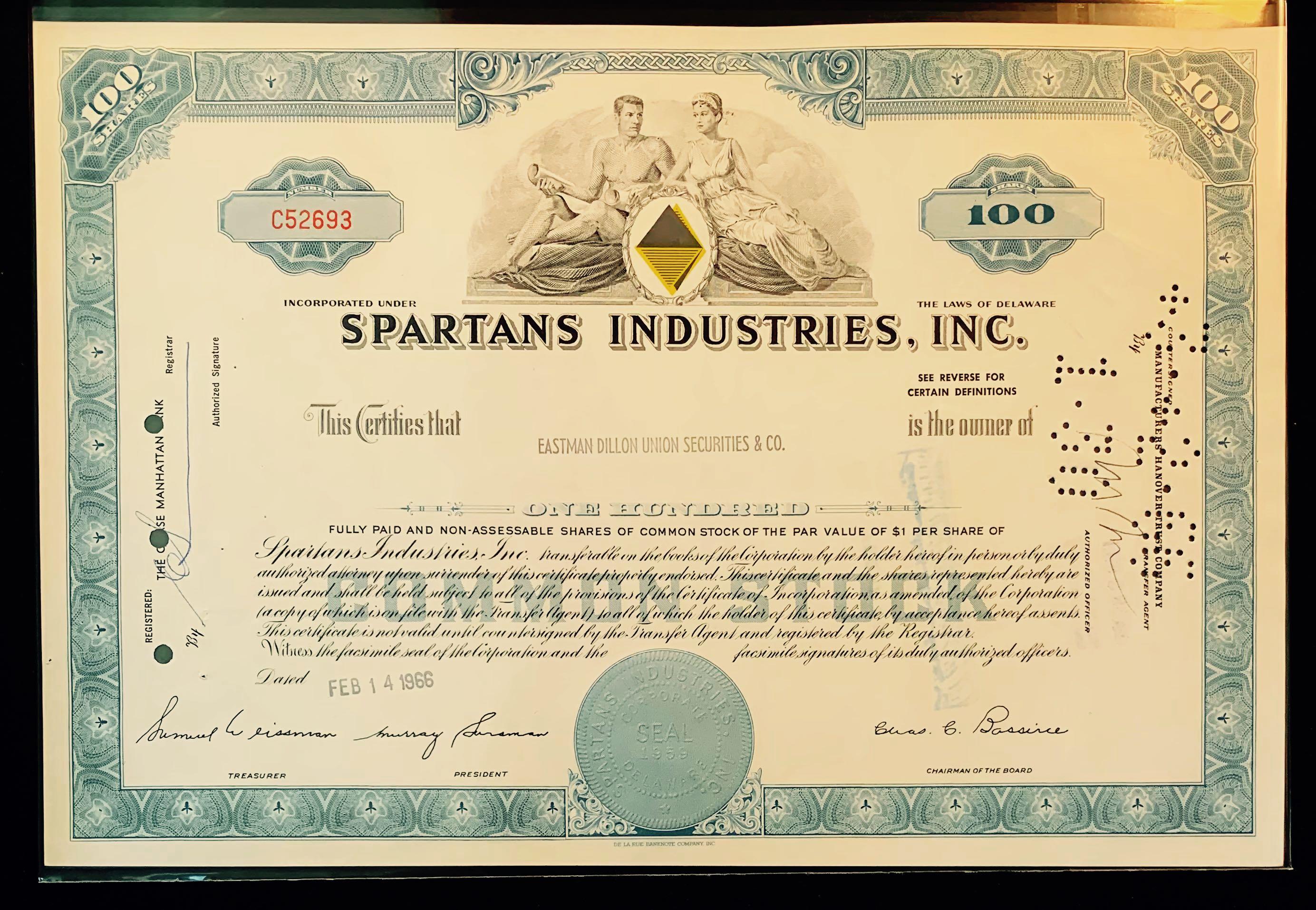 Stock Certificate Blue Inc Spartan's Industries 