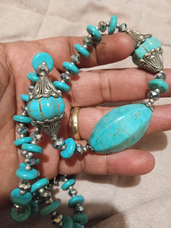 FIXED PRICE plus FREE SHIPPING Chunky turquoise necklace 24 with rondelle pyrite gemstones
