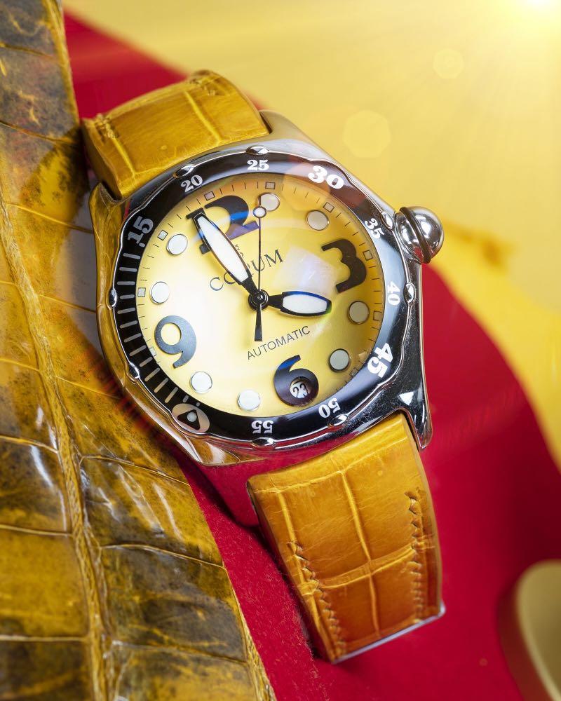 Handmade Handstitched Watch Strap In Yellow Crocodile Leather For Client s Corum Bubble Watch