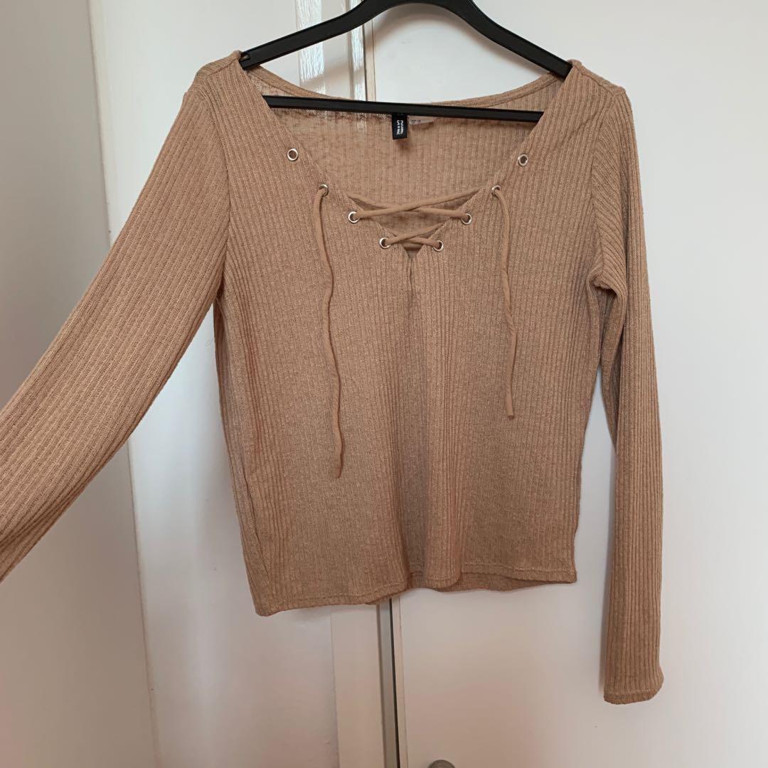 h m ribbed lace up long sleeve top Women s Fashion Tops Longsleeves on Carousell
