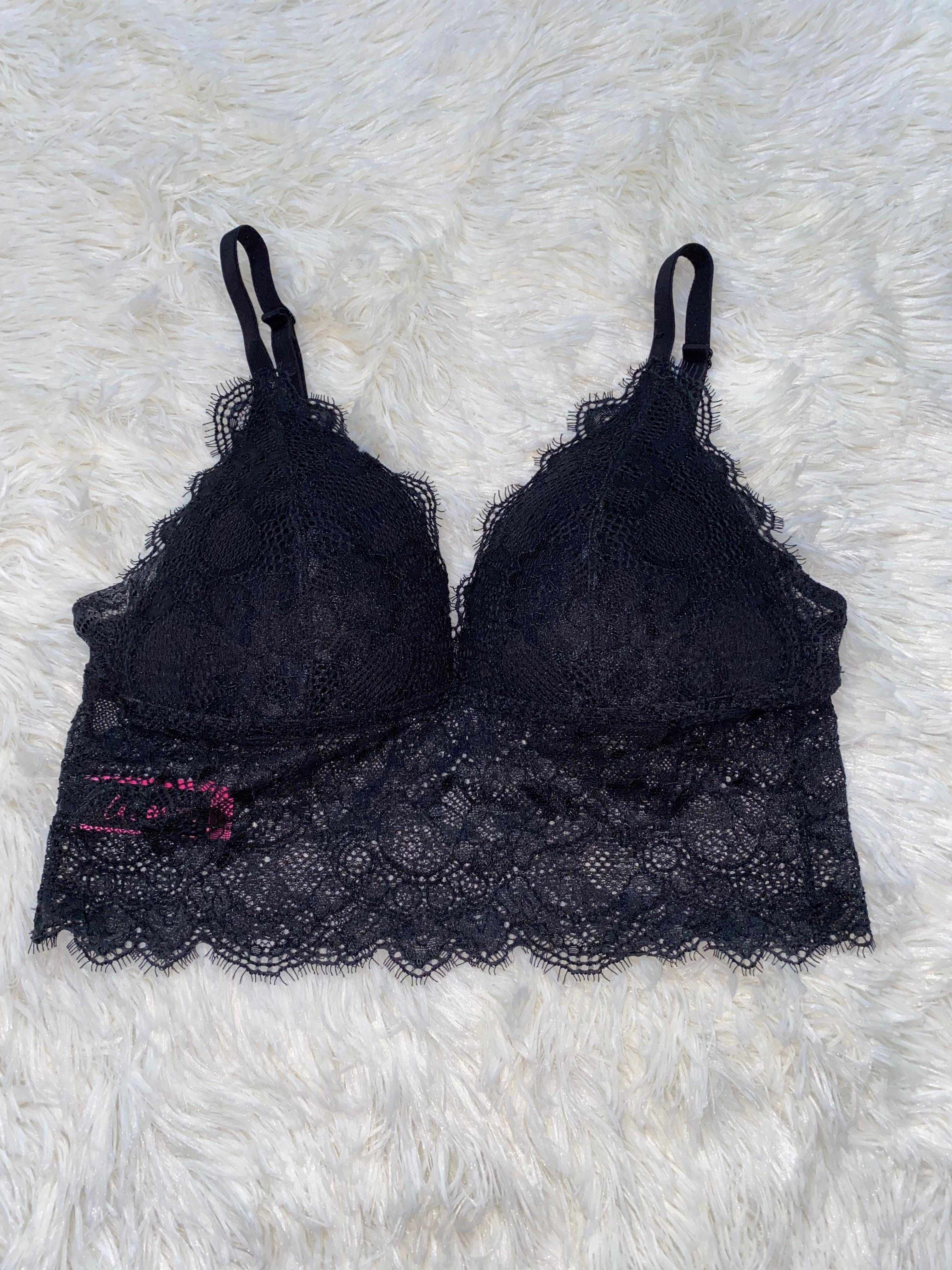 LSZ-La Senza Black Ultra-thin hollow lace Bra+Panties Set, Women's