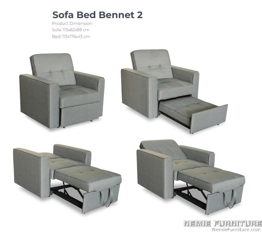 NEO BENNET 2 sofa bed (Category: Sofas) located in Quezon City. Submitted by nemiefurniture (Listing ID 1149254371, Image 1). Description: single seater sofa bed sofa size: 44.50"L x 32.28"W x 35"H 1130L x 820W x 890H mm bed size: 44.50"L x 69.24"W x 17"H 1130L x 1760W x 430H mm color: blue, cream, gray or lavander https://nemiefurniture.com Prices negotiable .