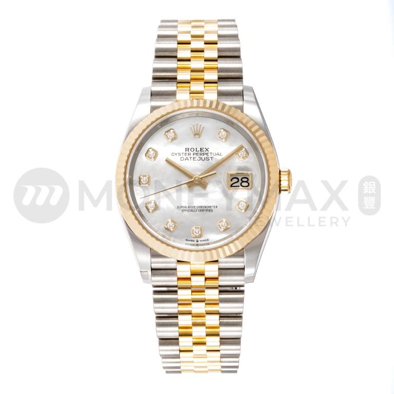 Rolex Datejust 36 - 126233 ( WT0012441 ) (Category: Watches) located in Singapore. Submitted by moneymaxwatches (Listing ID 1149329226, Image 1). Description: Rolex Datejust 36 - 126233 Preowned Rolex Watch SKU : WT0012441 Case Dimensions : 36mm Case Material : Stainless Steel Bezel : 18k Yellow Gold Dial : White Mother of Pearl with Diamonds Crystal Material : Scratch Resistant Sapphire Crystal Movement : Self-Winding Automatic Movement Bracelet