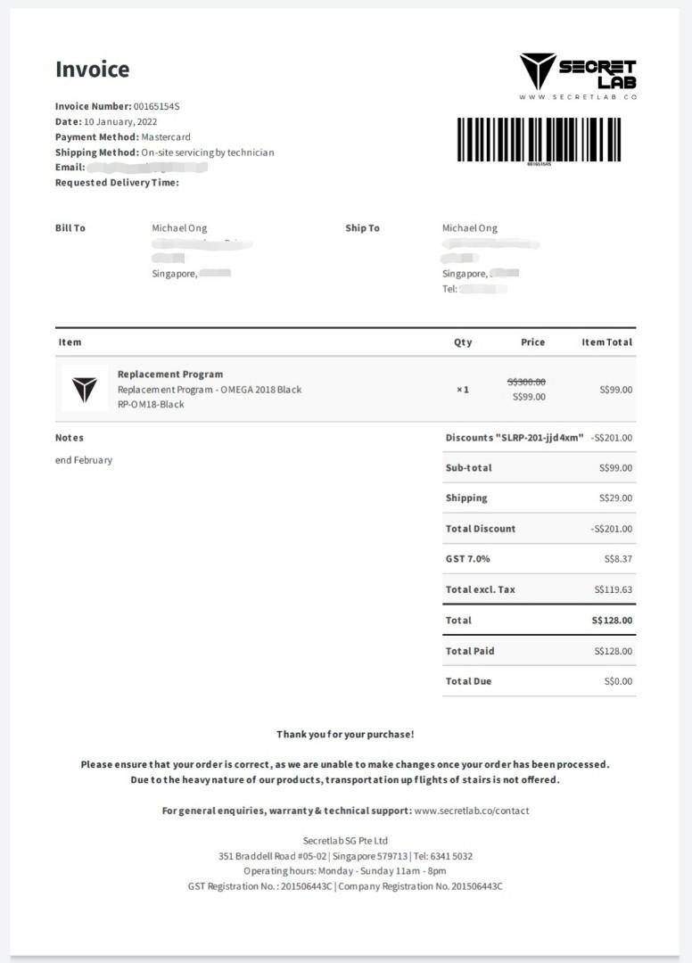Secretlab invoice online