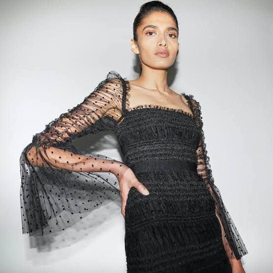 Self Portrait Black Dot Mesh Midi Dress | Size UK10, 女裝, 連身裙
