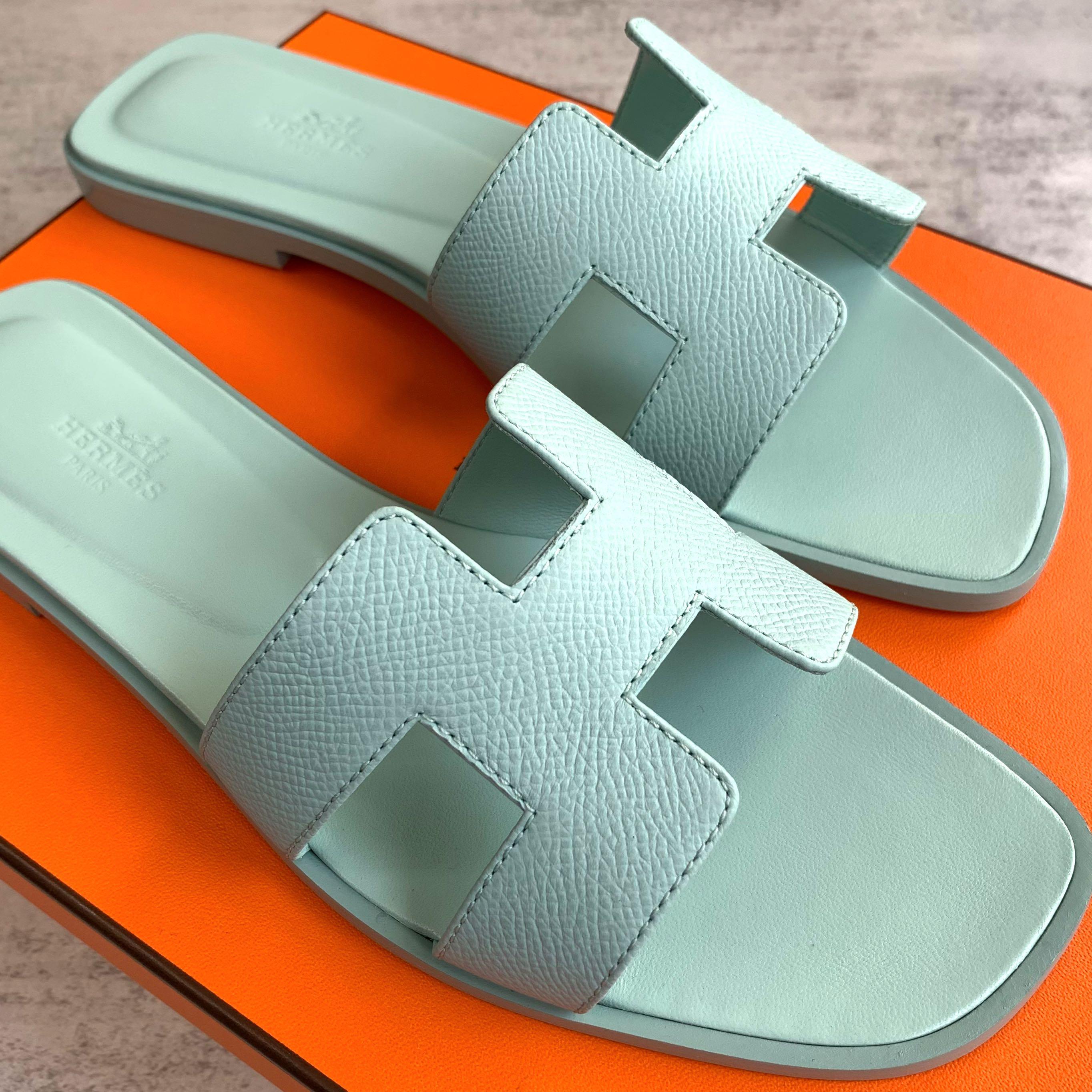 Size 38.5 Hermes Oran Sandals Tiffany Blue Vert Embrun