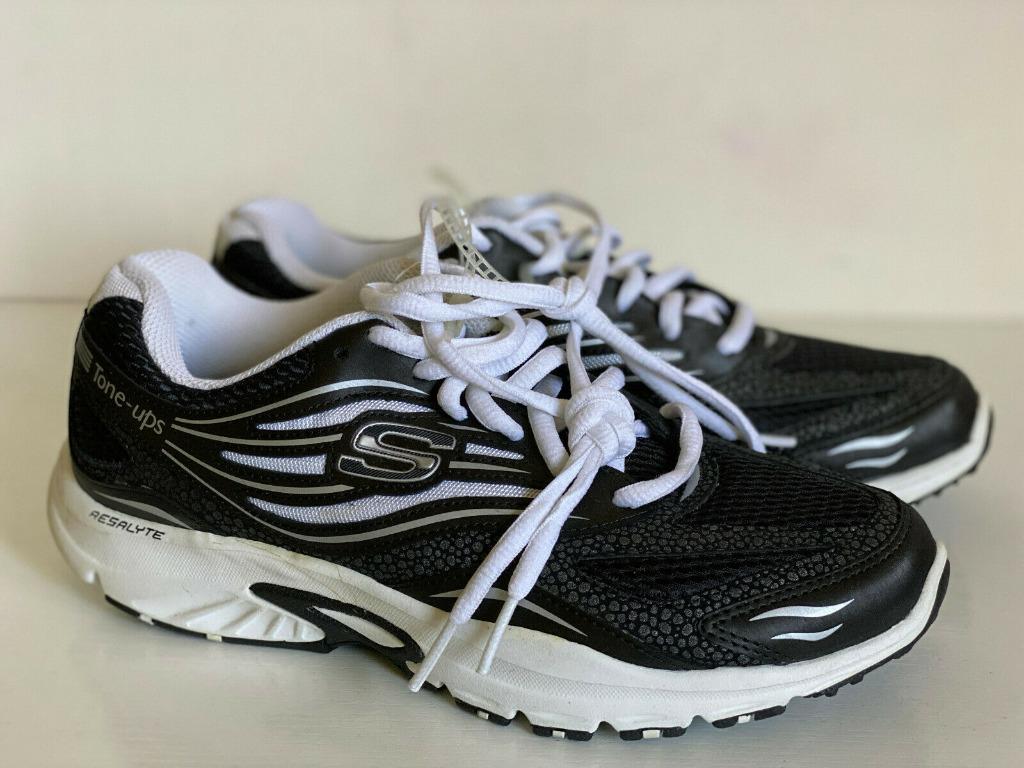 SKECHERS TONE UPS RESALYTE RUNNING TRAINING SHOES BLACK WHITE 6 36