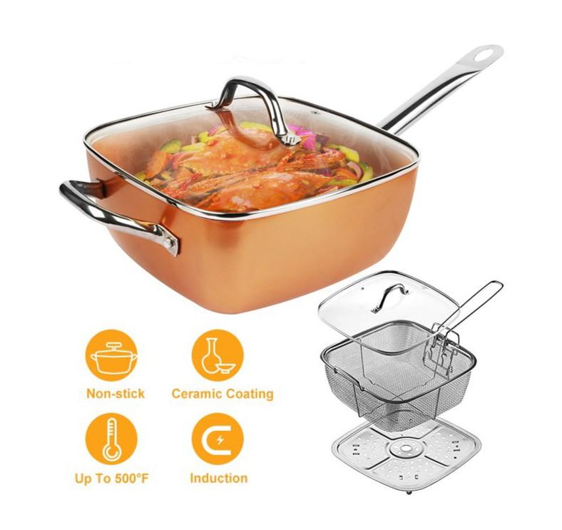Square Non Stick Ceramic Copper Pan (Category: Cookware & Accessories) located in Manila. Submitted by virtualtindahanipaul (Listing ID 1149327885, Image 3). Description: 🧆Non stick coating designed for easy cleaning or cooking. 🥘The integrated kitchenware has reduced a lot of trouble for cooking. 🍝Can bake, deep-fry, roast, steam, saute or broil with just this one pan. 🫕Glass lid with a ventilation hole to prevent soup from overflowing. 🍲In