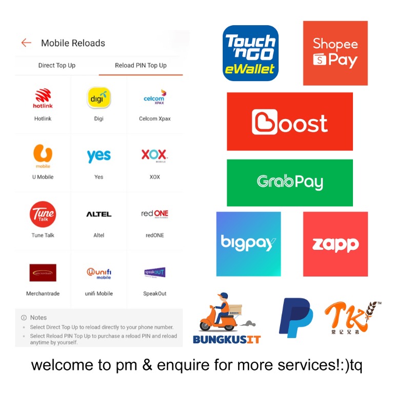 telco prepaid, tng, shopeepay, boost, grabpay, bigpay, tk bakery app