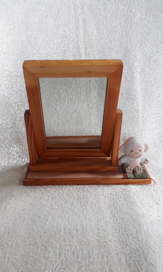 Wooden Table Mirror / Frame with Decorative Monkey, Furniture & Home