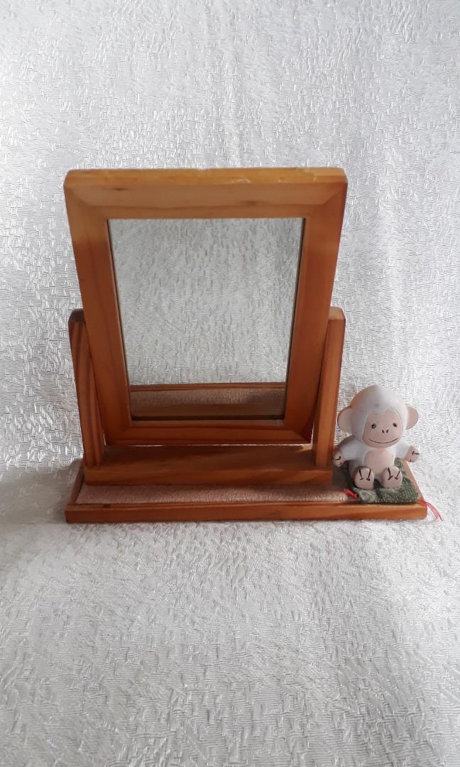 Wooden Table Mirror / Frame with Decorative Monkey, Furniture & Home