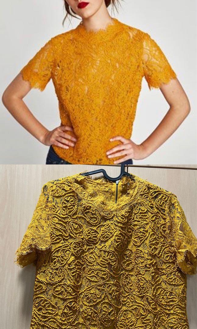 ZARA Mustard Yellow Embroidered Lace Top