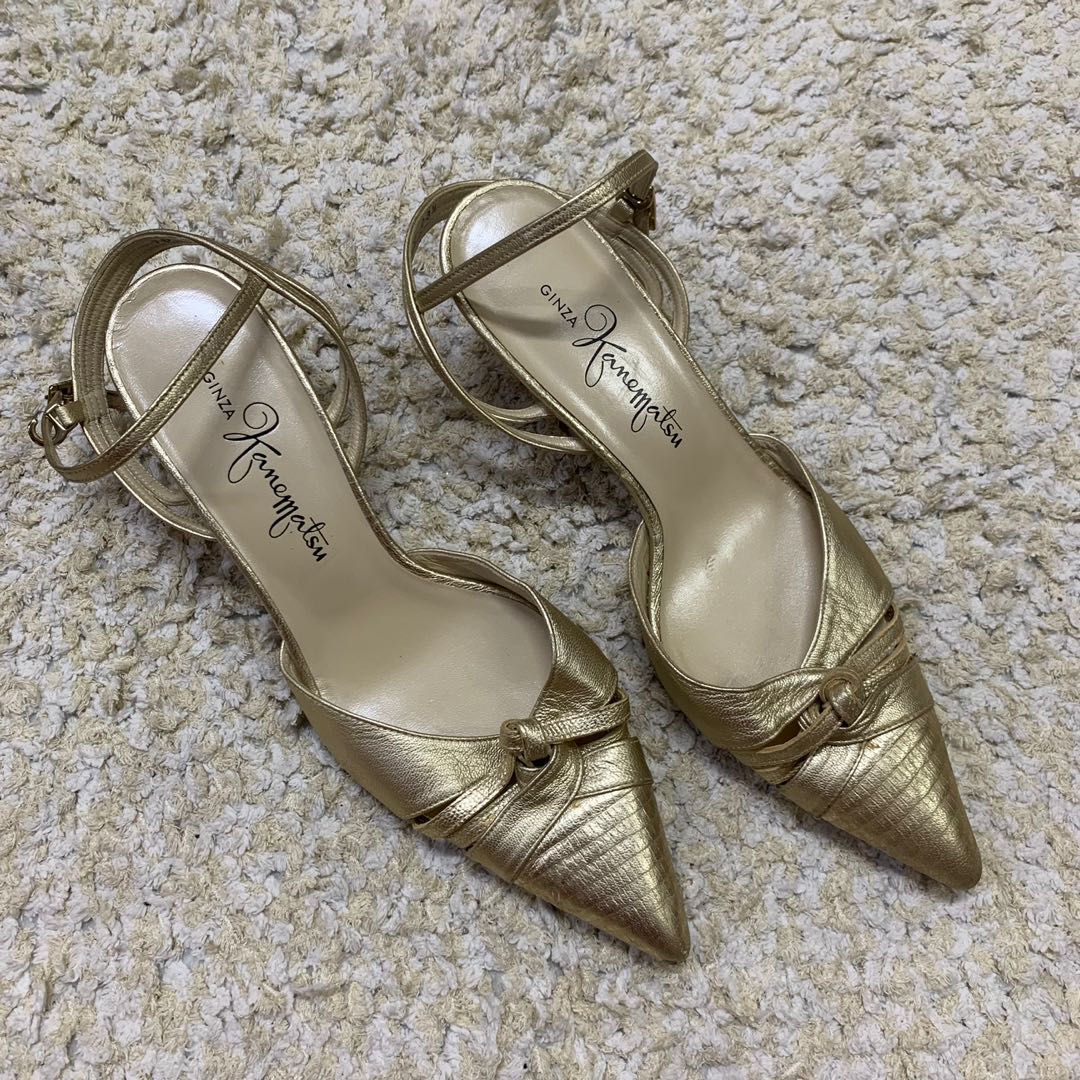 E37 Japan GINZA Kanematsu gold pointed ankle straps heels