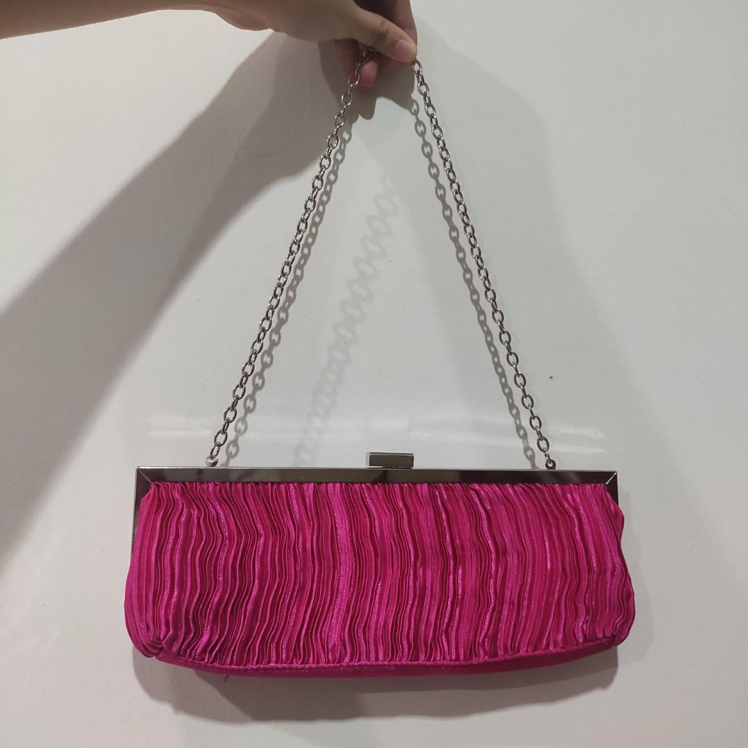 Hot pink satin pleated handbag dinner evening bag Women s Fashion