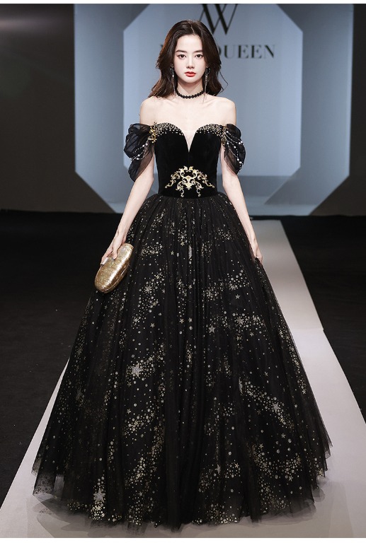 Pre order black gold off shoulder glitter wedding bridal evening prom dress gown RBP1711 Women s Fashion Dresses Sets Evening dresses gowns on Carousell