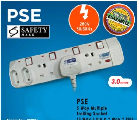 PSE 5 WAY MULTIPLE SAFETY SOCKET WITH SAFETY MARK (3 Meters) (L1858 ...