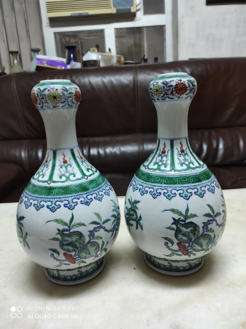 清・康熙年製款・古陶磁器・青花釉里紅折枝花卉花鳥紋瓶・