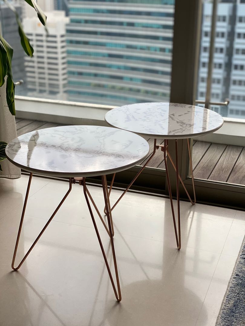 (2 pieces) Marble Design + Rose Gold legs Side Tables, Furniture & Home