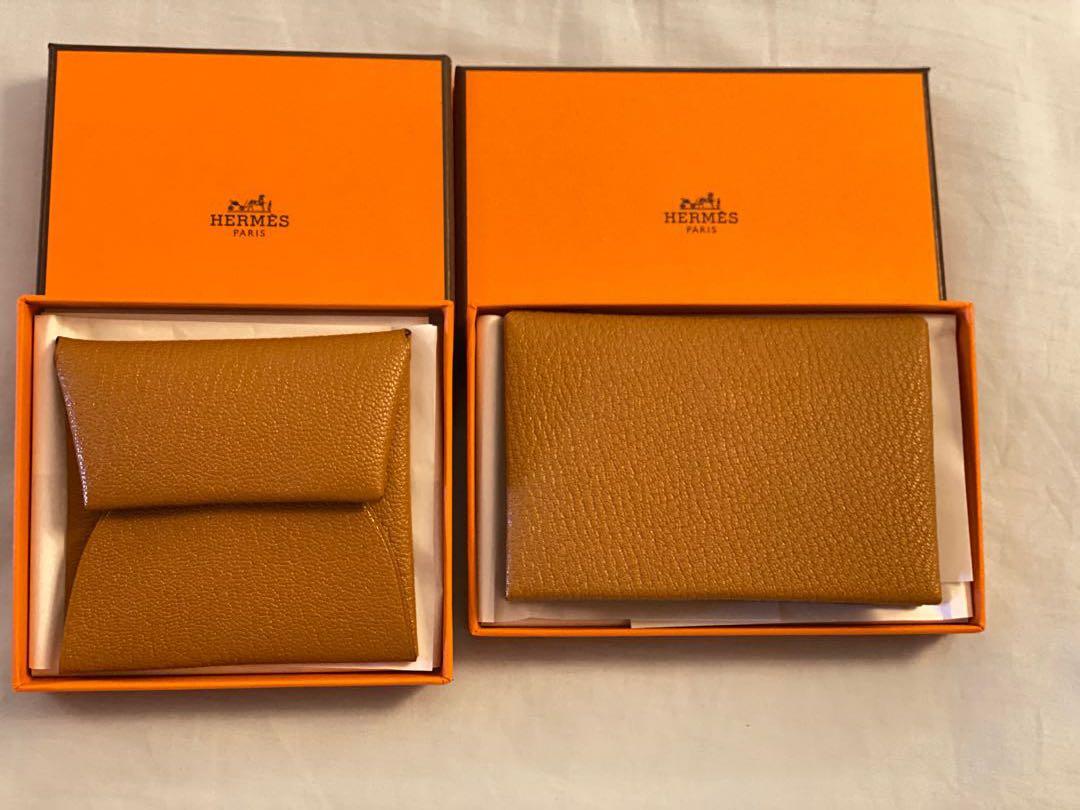 Hermes SLG Calvi Cardholder Wallet, Verso Chevre Mysore Leather in Blue  Brume / Brique, New in Box (Sourced from Paris) - GA001
