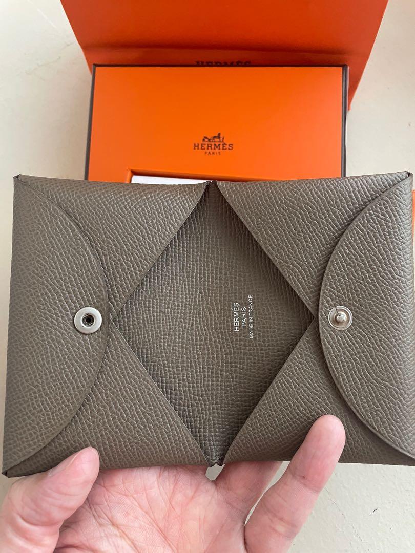 hermes calvi card holder (stamp z) etoupe epsom leather palladium hardware,  with dust cover & box