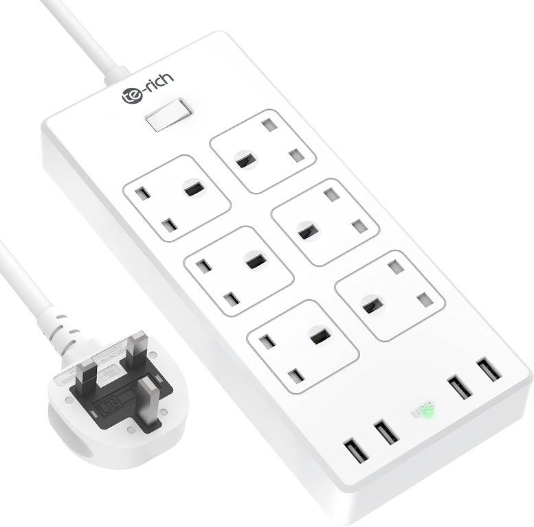 [C5635] Extension Lead, TeRich 6 Gang Power Strip with 4 USB Slots(3.4A), Multi Plug Mains