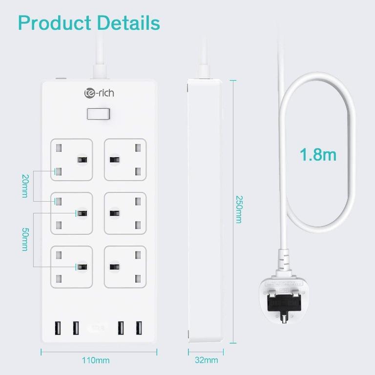 [C5635] Extension Lead, TeRich 6 Gang Power Strip with 4 USB Slots(3